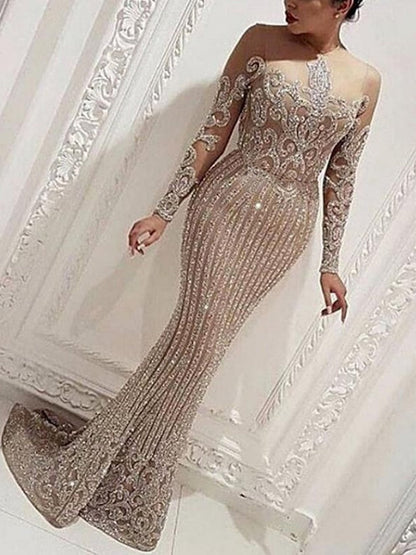 Mid-waisted, Elegant, Sequined, Gold-flecked, Fitted Long Dress For Commuting.