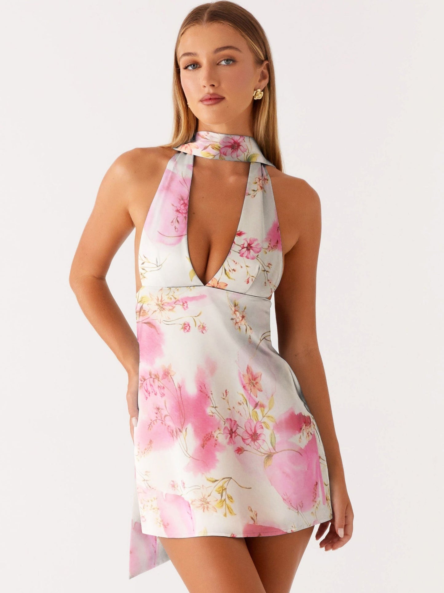 Printed Halter Neck Deep V Backless Mini&Short Dresses