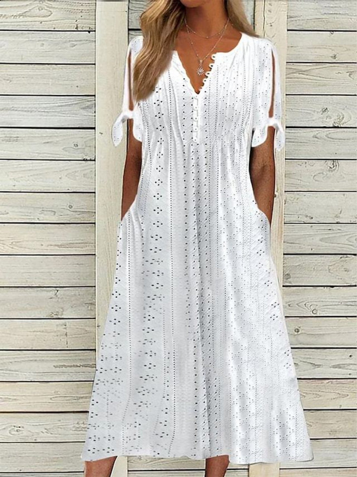 Hollow Out Off-shoulder V-neck Lace Ruffles Maxi Dresses
