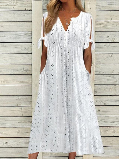 Hollow Out Off-shoulder V-neck Lace Ruffles Maxi Dresses
