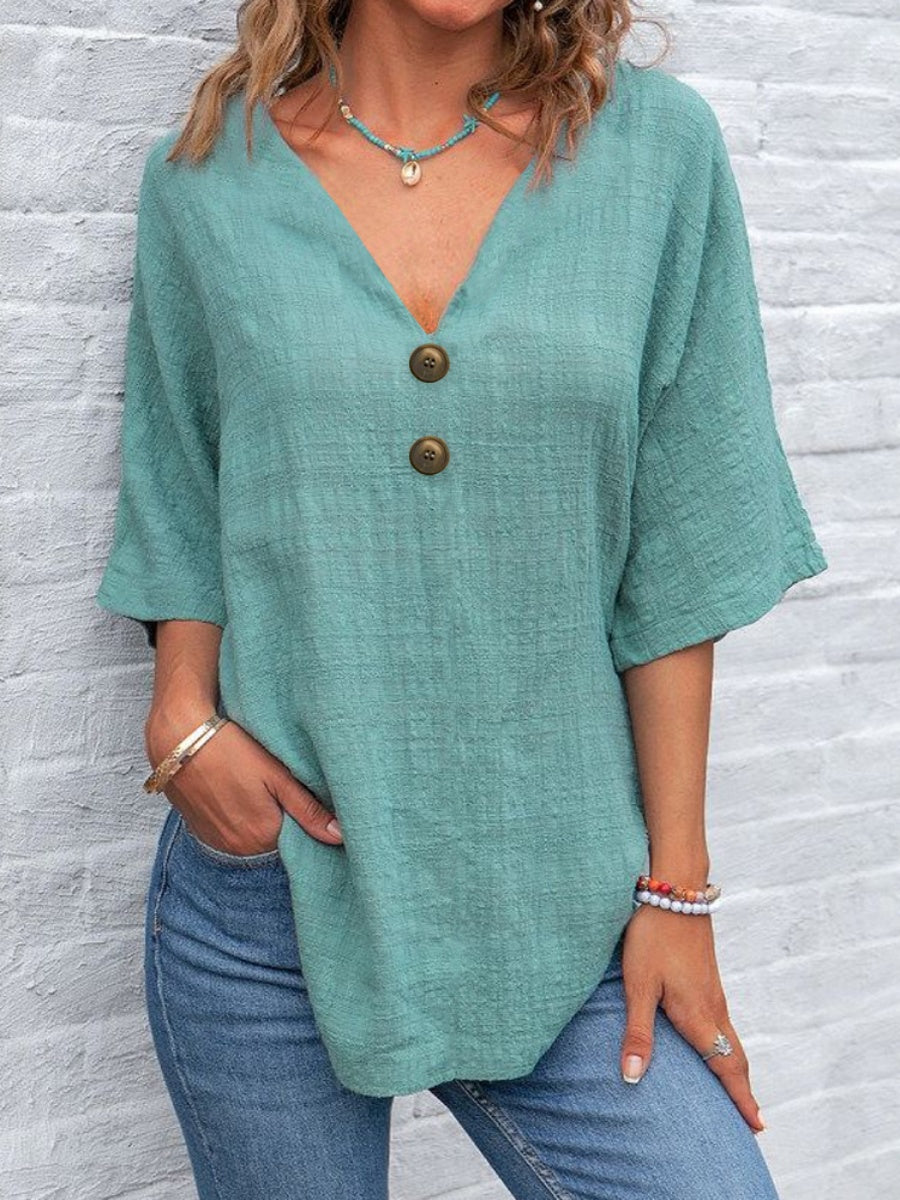 Casual V-neck Short-sleeved Pullover With Multi-colored Buttons T-shirts
