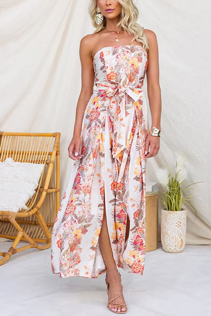 Strapless Bow Waist Floral Print Slit Wide Leg Jumpsuit