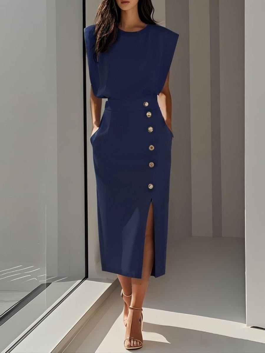 Crew Neck Waist Slit Metal Buttons Sleeveless Midi Dresses