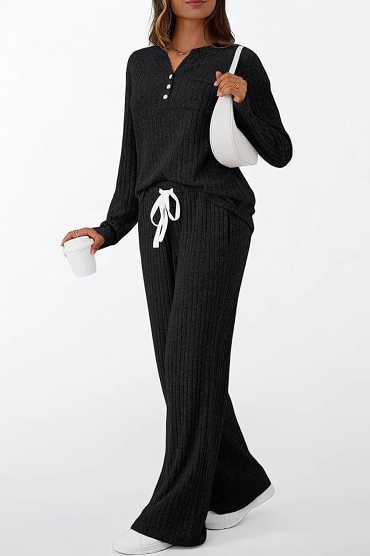 Ribbed Pitted Brushed Two Piece Pants Set