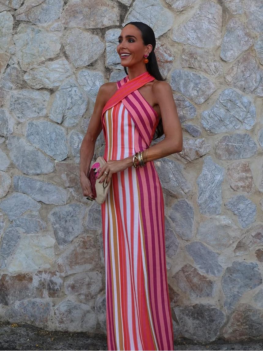 Cross Halter Neck Vertical Stripe Bodycon Midi Dress