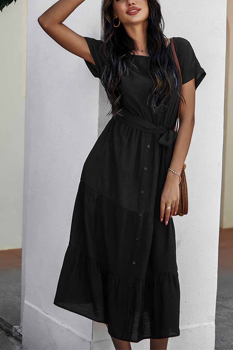 Button-Front Tie-Waist Tiered Short Sleeve Midi Shirt Dress