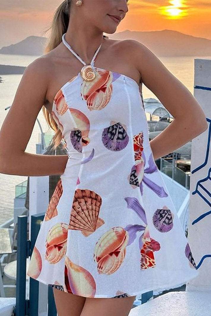 Seashell Print Halter Neck Ring Hardware A-Line Mini Dress