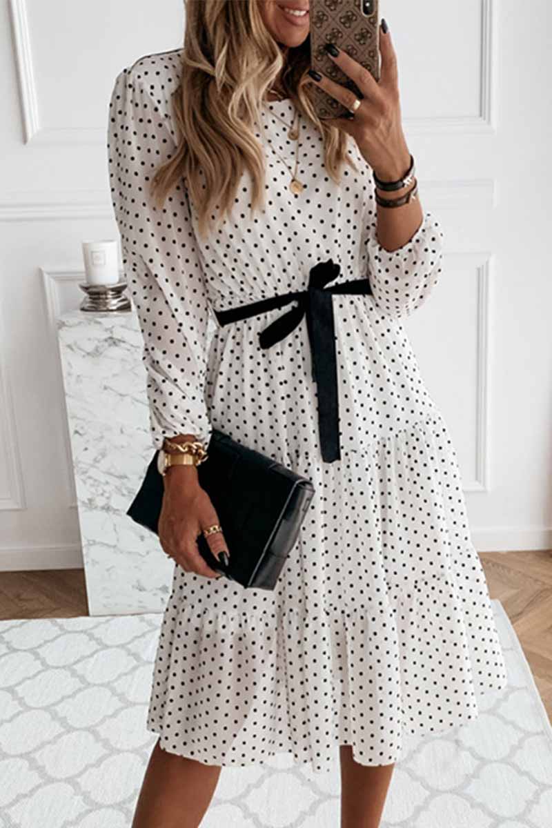 Polka Dot Round Neck Puff Sleeve Tie Belt Tiered Midi Dress