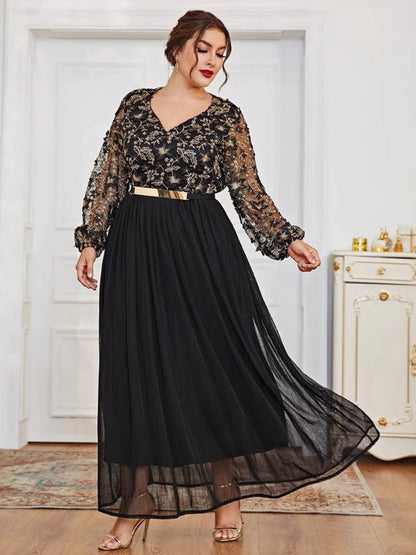 V-neck Black Splicing Formal Dress Banquet Maxi Dresses