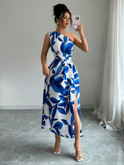 Sloping Shoulders Printed Slit Vacation Leisure Maxi Dresses