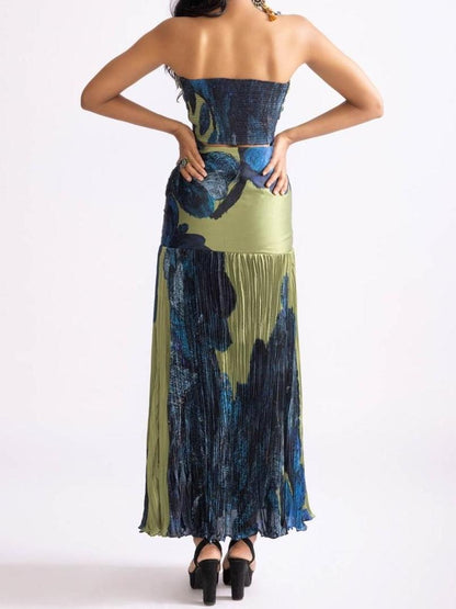 Strapless Ruched Bodice Abstract Print Plisse Pleated Maxi Dress