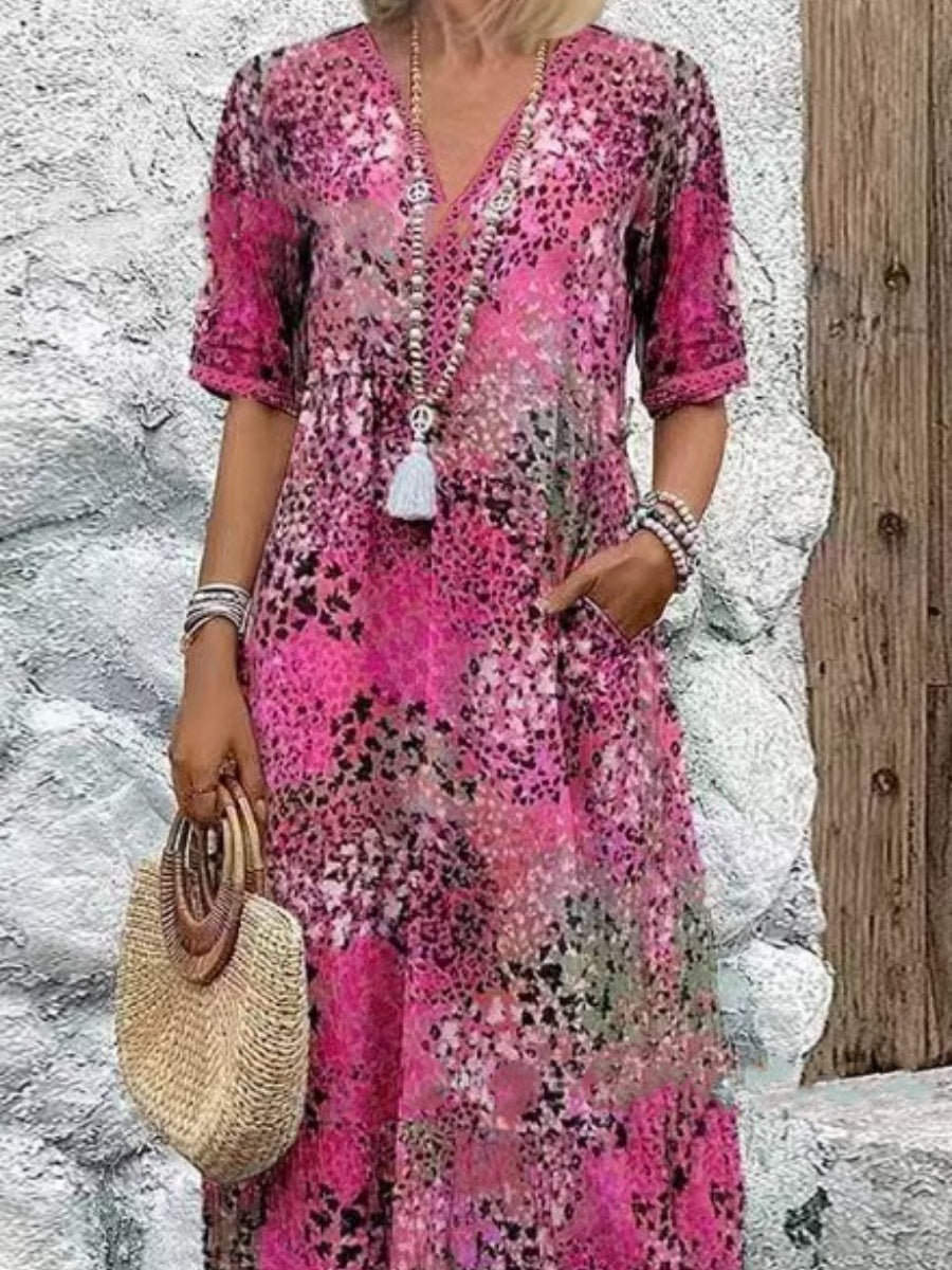 Leopard Print Midi Dress With Lace Trim And V-neck Short Sleeves
