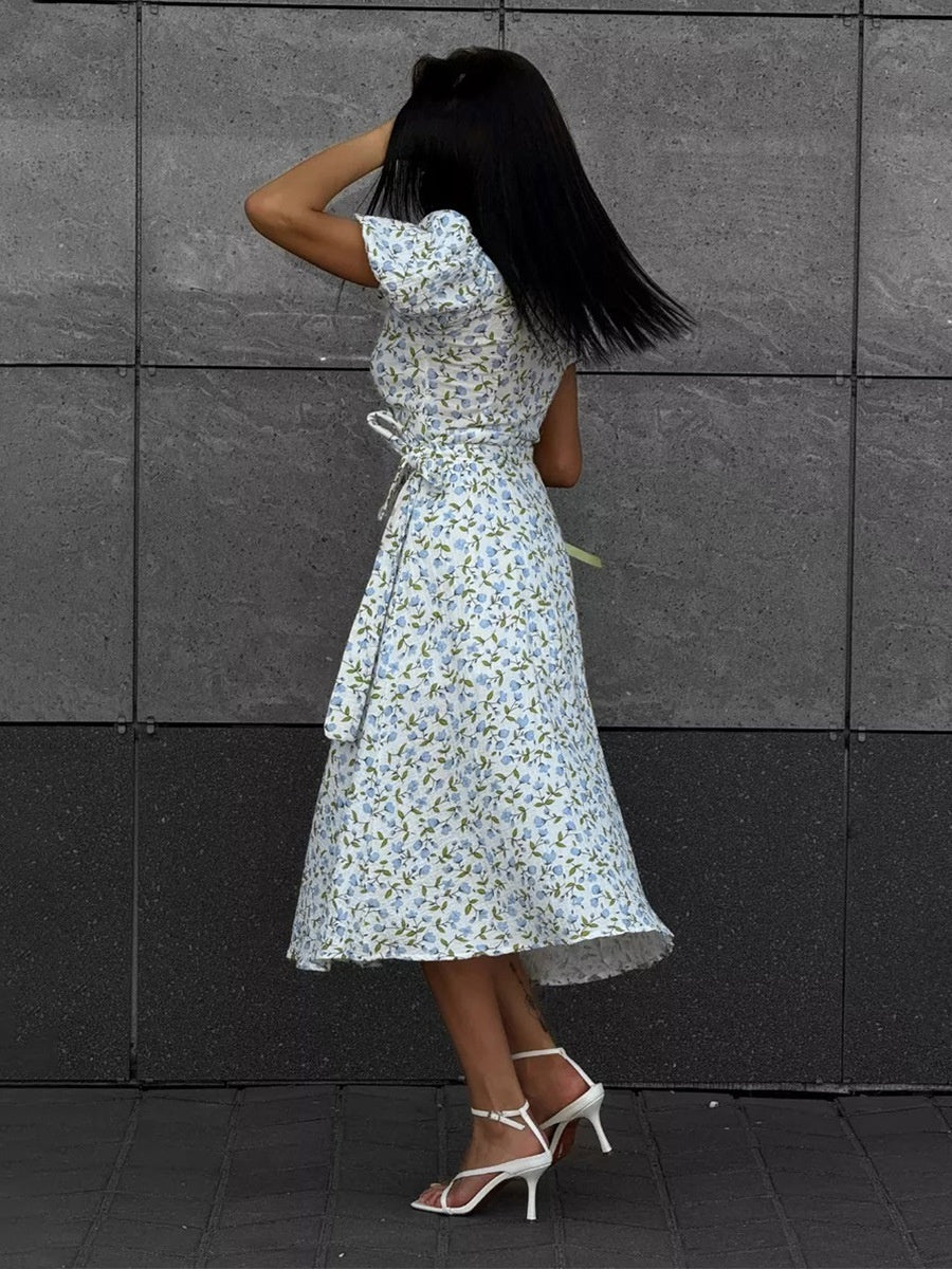 Pure Cotton Bandage Wrap-up Puff Sleeve Printed Comfort Maxi Dresses