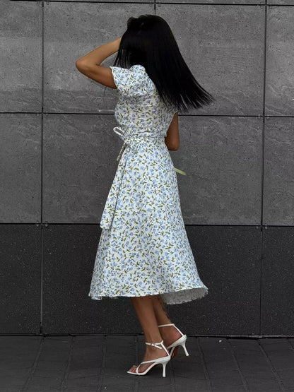Pure Cotton Bandage Wrap-up Puff Sleeve Printed Comfort Maxi Dresses