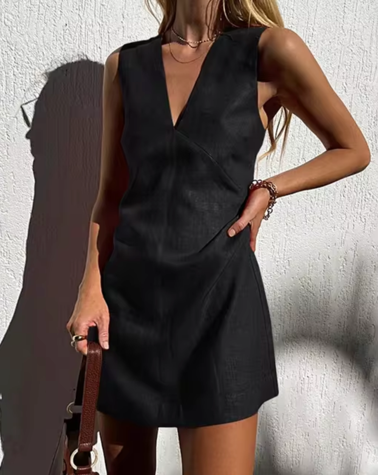 Deep V-Neck Panel Seam Linen Look Sleeveless Shift Mini Dress