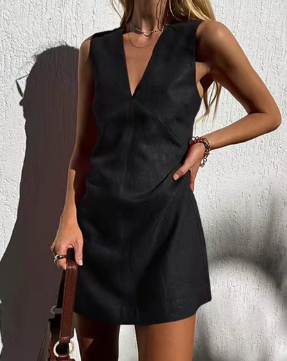 Deep V-Neck Panel Seam Linen Look Sleeveless Shift Mini Dress