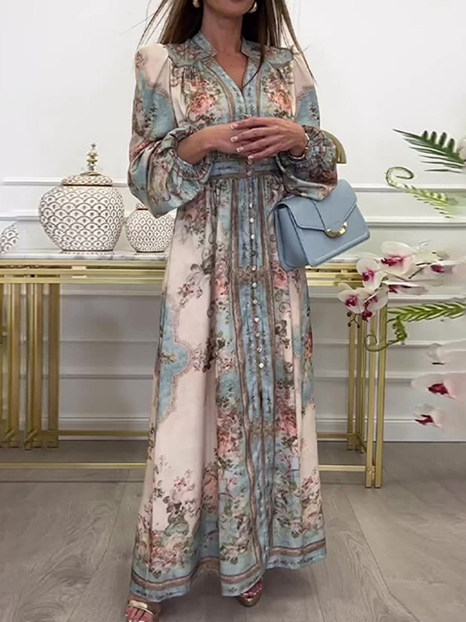 Floral Print V-neck Lantern Sleeves Maxi Dresses