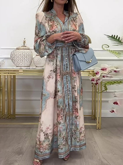 Floral Print V-neck Lantern Sleeves Maxi Dresses