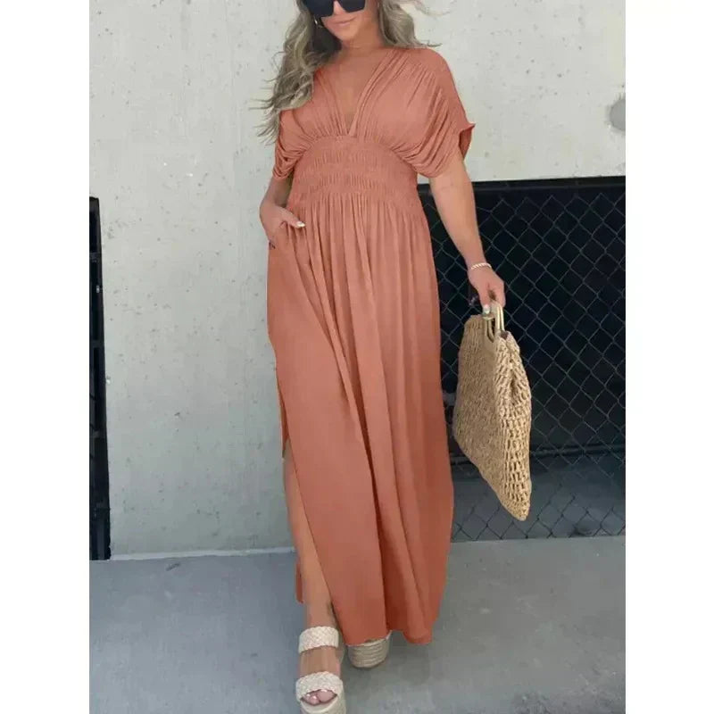 Deep V-Neck Flutter Sleeve Smocked Waist Side Slit Maxi Dress