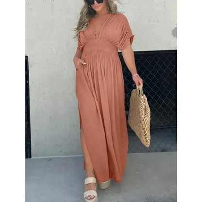 Deep V-Neck Flutter Sleeve Smocked Waist Side Slit Maxi Dress