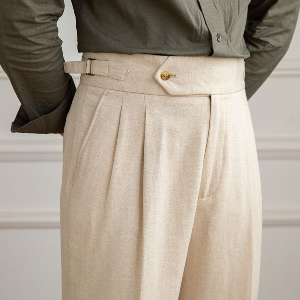High Waist Pleated Trousers | Cotton Linen Blend | Straight Fit
