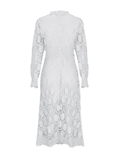 Hollow-out Long-sleeved Stand-up Collar Short Dress With Lace Trim