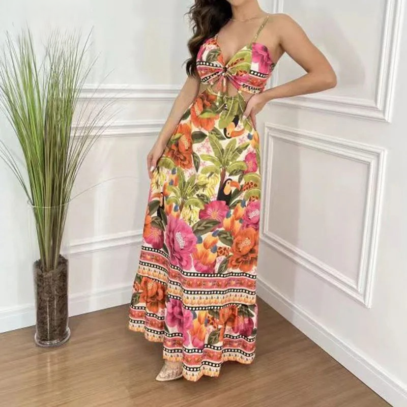 Tropical Print Spaghetti Strap Knot-Front Cutout Tiered Ruffle Maxi Dress