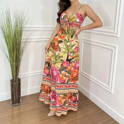 Tropical Print Spaghetti Strap Knot-Front Cutout Tiered Ruffle Maxi Dress