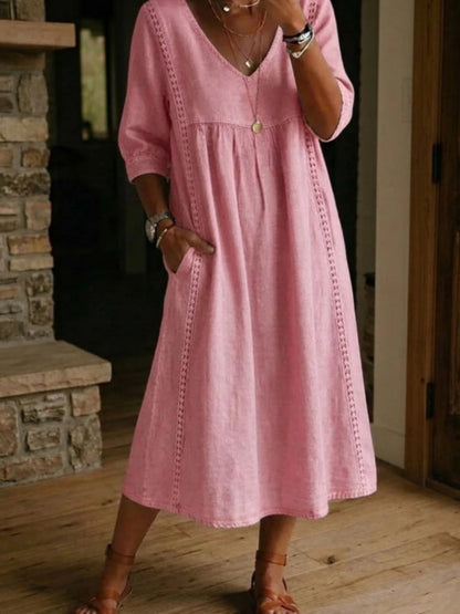 Lace Trim Linen Cotton V-neck Maxi Dresses