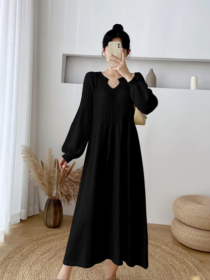 V-Neck Bishop Sleeve Rib Knit A-Line Maxi Sweater Dress