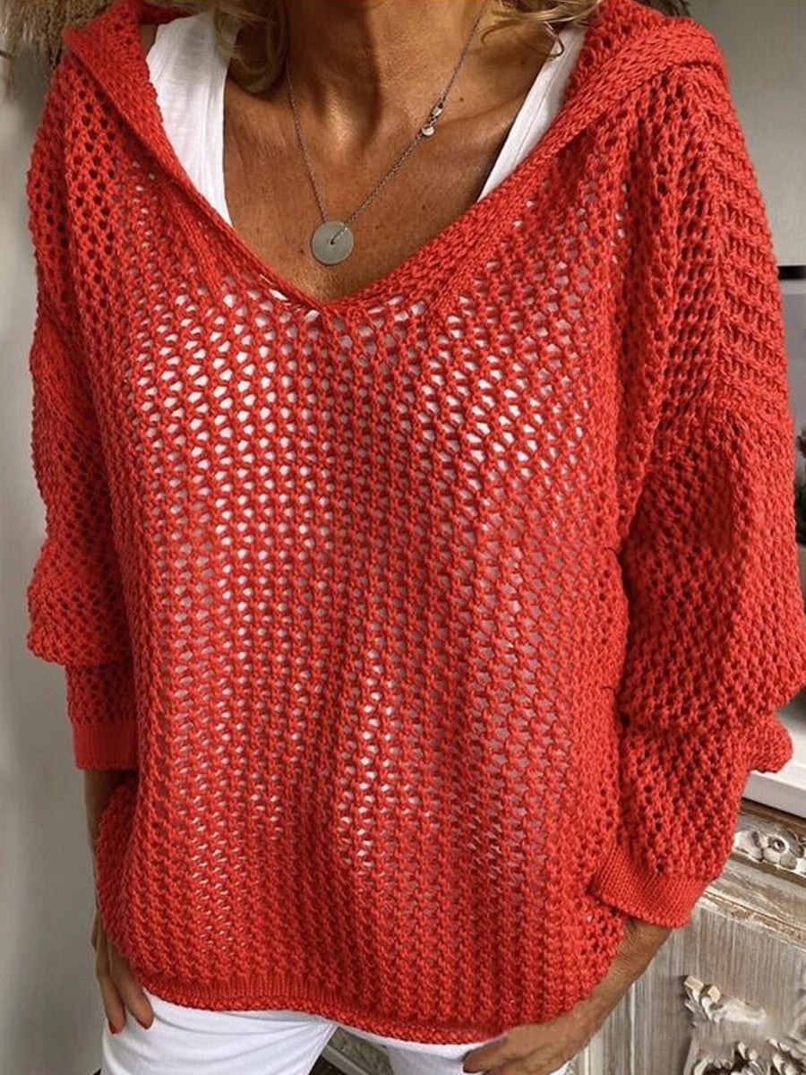Knitted Outer Layer Sun Protection Knitted Hooded See-through Top