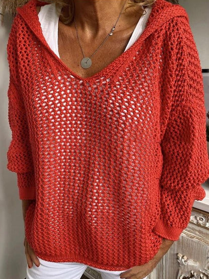 Knitted Outer Layer Sun Protection Knitted Hooded See-through Top