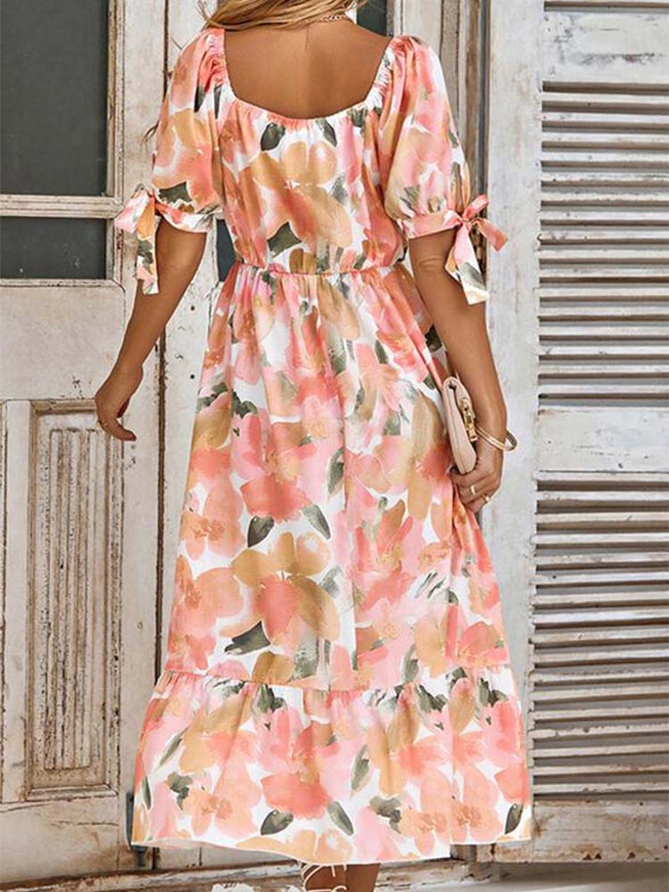 Floral Print Surplice V-Neck Tie Cuff Puff Sleeve Tiered Ruffle Midi Dress