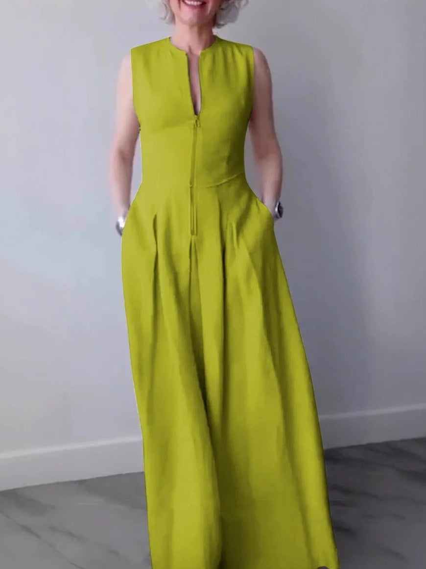High-waisted Solid Color Sleeveless Zipper Long Dress