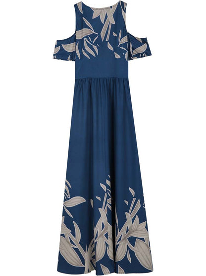 Cold Shoulder Plunging V Neck Pocket Botanical Print Empire Waist Maxi Dress