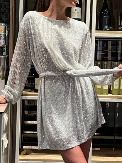 Sequins Waist Shaping Short Sleeves Mini&Short Dresses