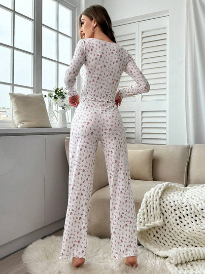 Floral Print Long-sleeved Loungewear Set