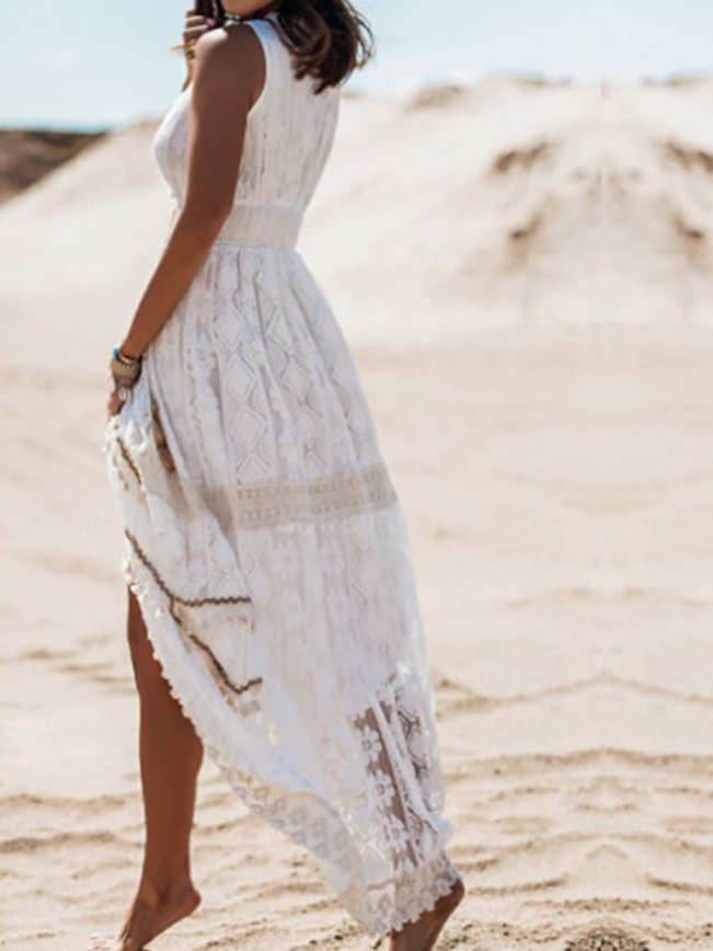 Crochet Lace V-Neck Lace Up Tassel Detail Tiered Boho Maxi Dress