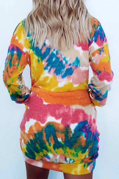 Tie-Dye Marble Print Oversized Crew Neck Pocket Sweatshirt Mini Dress