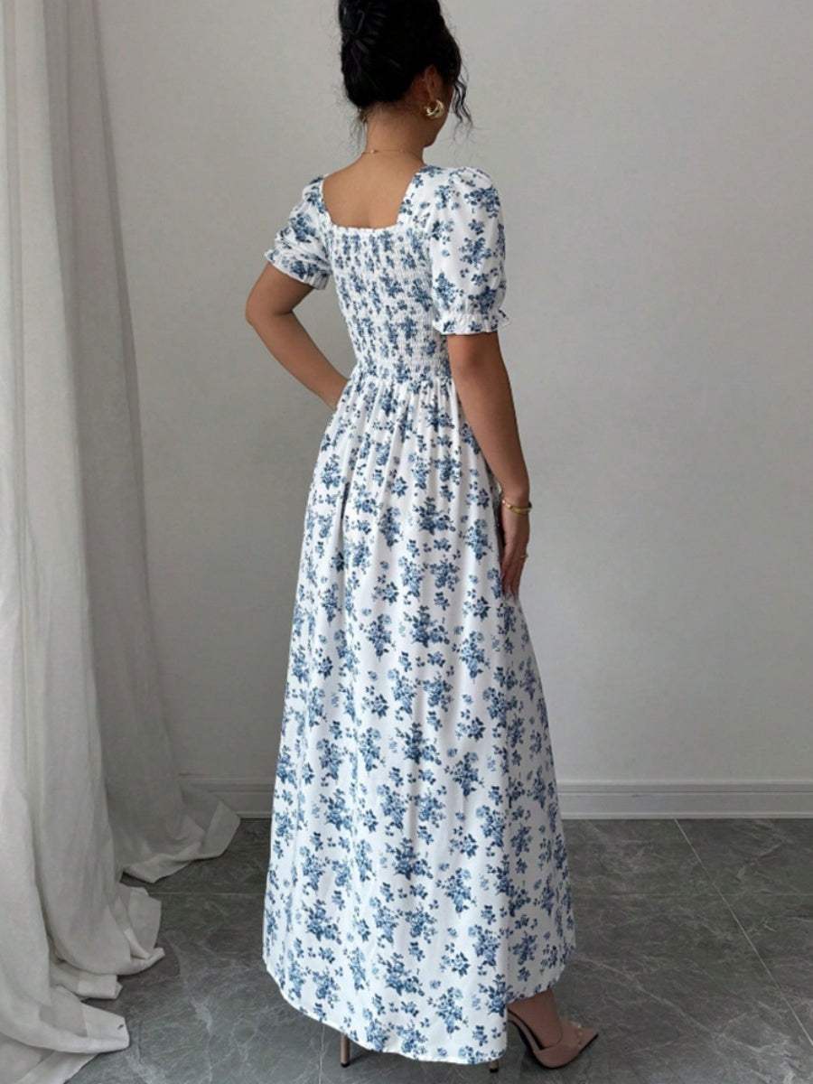 Floral Short Sleeve Square Collar Ruffle Vacation And Leisure Maxi Dresses