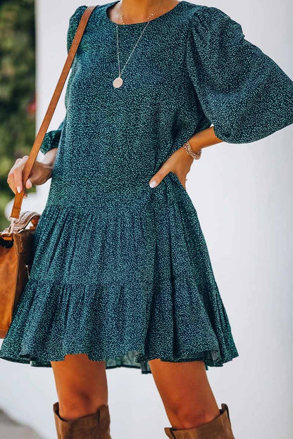 Ditsy Print Crew Neck Balloon Sleeve Tiered Babydoll Mini Dress