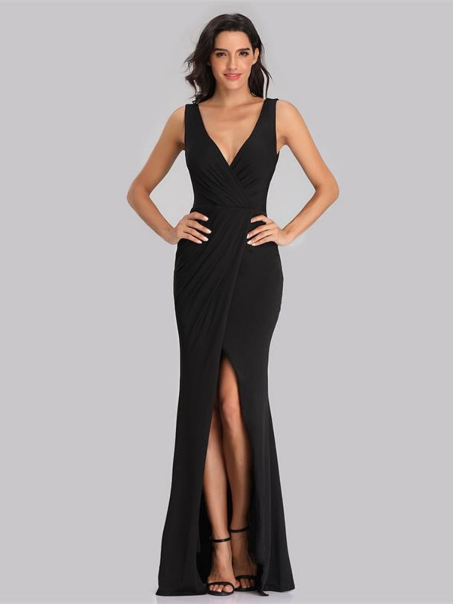 Sleeveless V-neck Slit Formal Dress Maxi Dresses