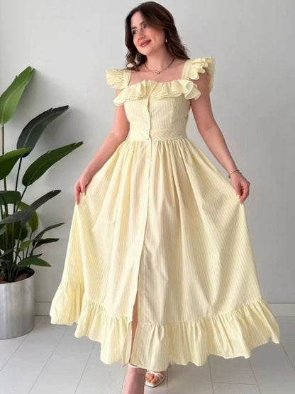 Square Collar Ruffle Button Slit Big Swing Sweet Maxi Dresses