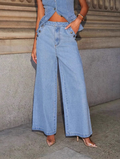 Denim Vest Wide-leg Long Two-piece Set