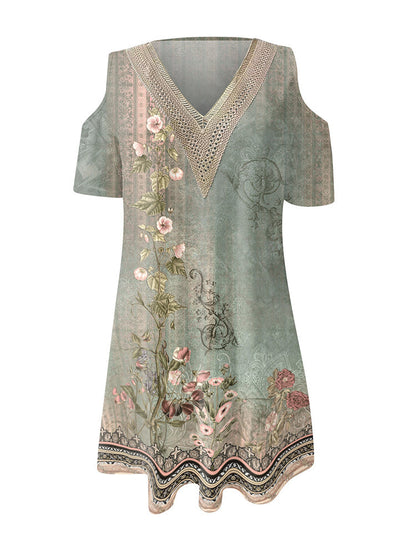 Cold Shoulder Lace Trim V-Neck Floral Vine Border Print Shift Mini Dress