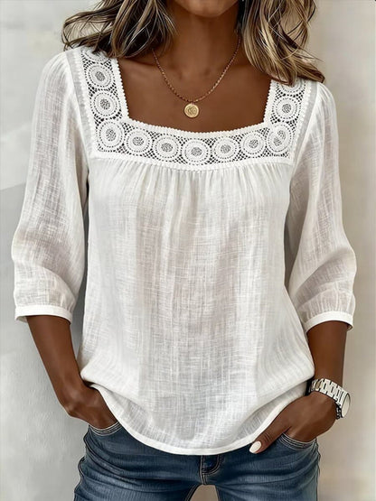 Lace Trim Cotton And Linen Square Neckline And Three-quarter Sleeves T-shirts