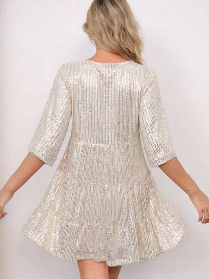Sequins Pleated Multi-story Crew Neck Short Sleeve Mini&Short Dresses