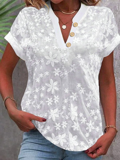 Flower Embroidery V-neck Short Sleeve T-shirts