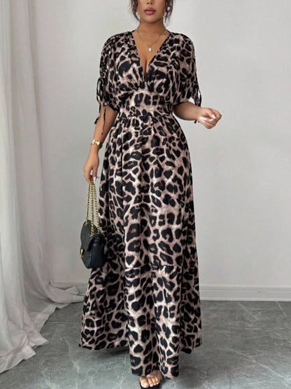 V-neck Short Sleeve Leopard Print Maxi Dresses