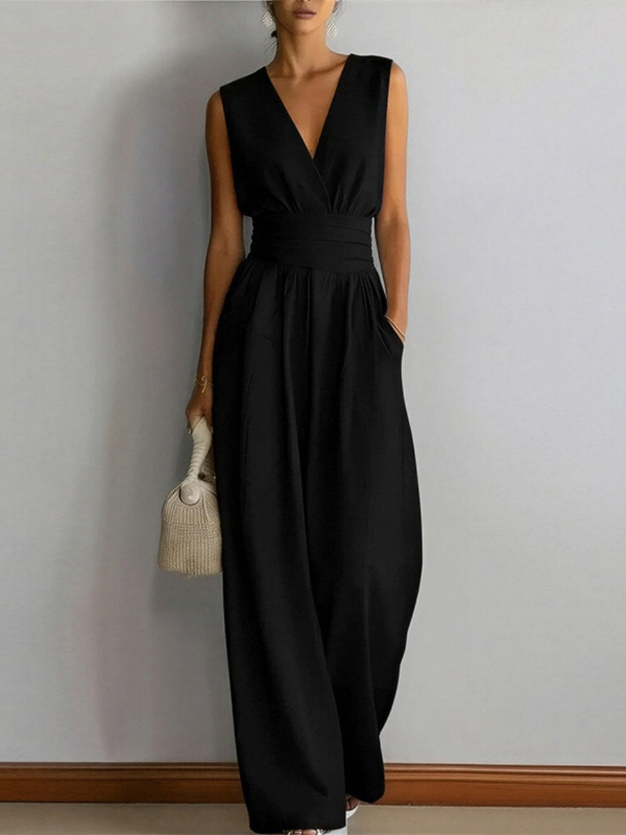 V-neck Waist Wide-leg Pants Sleeveless Temperament Grace Commuting Jumpsuits